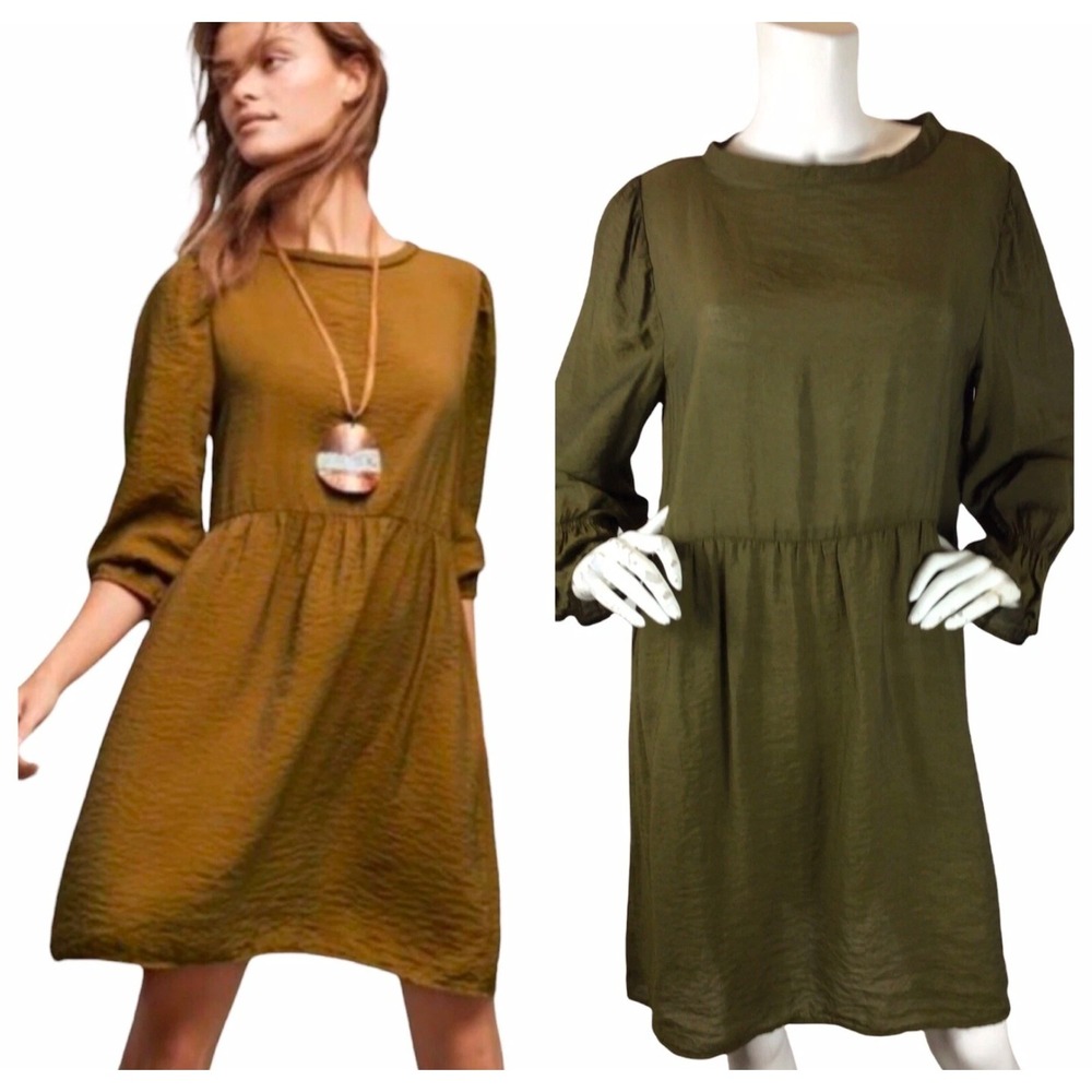LACAUSA Parkington Olive Green Dress Long‎ Sleeve Babydoll Style Sz M Boho Relax